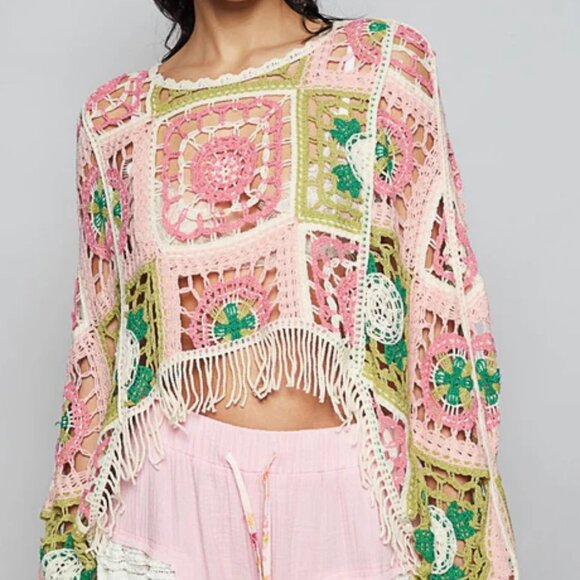 POL Boho Crochet Top Hippie Fringe Patchwork Sweater Festival Wear - Picture 4 of 11